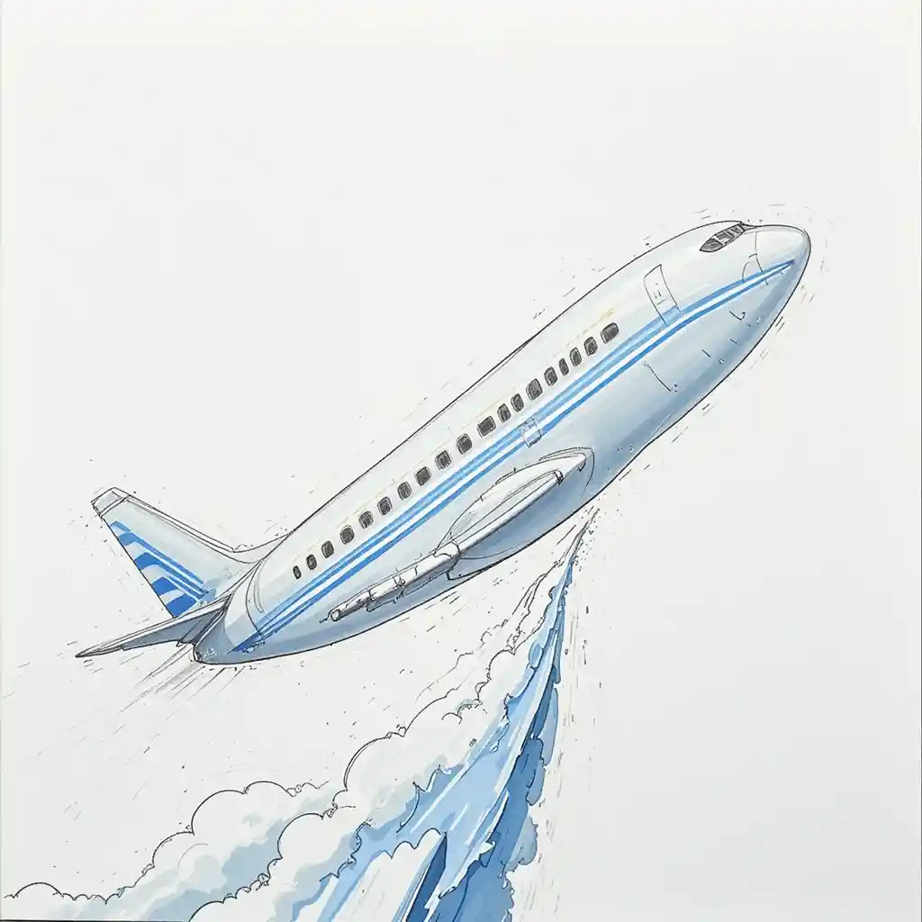 Ilustración de avión de pasajeros plateado sobre fondo blanco