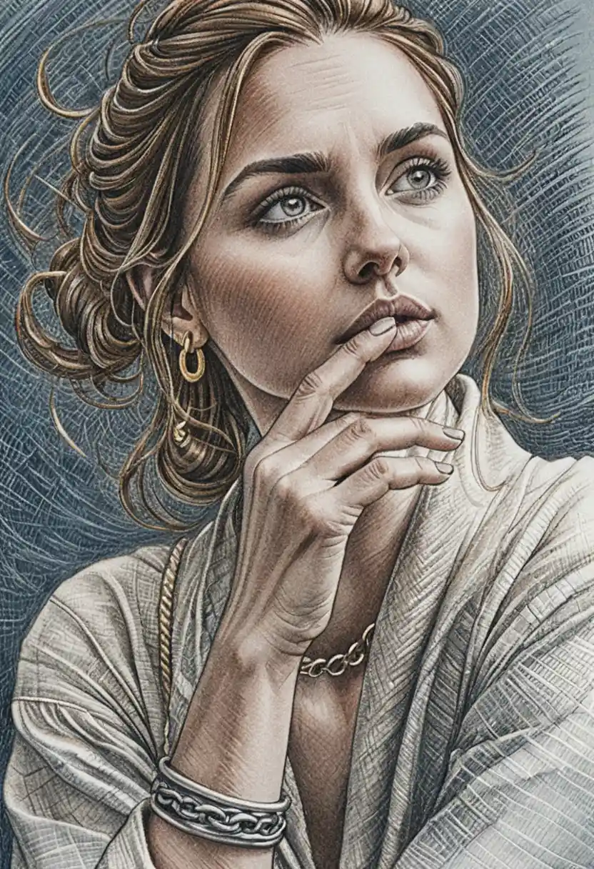 Thoughtful ink portrait of a woman with hand to her lips