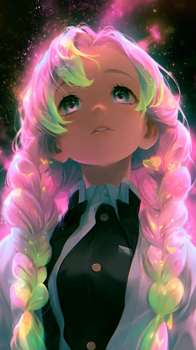 Anime girl in neon glow with gentle upward gaze