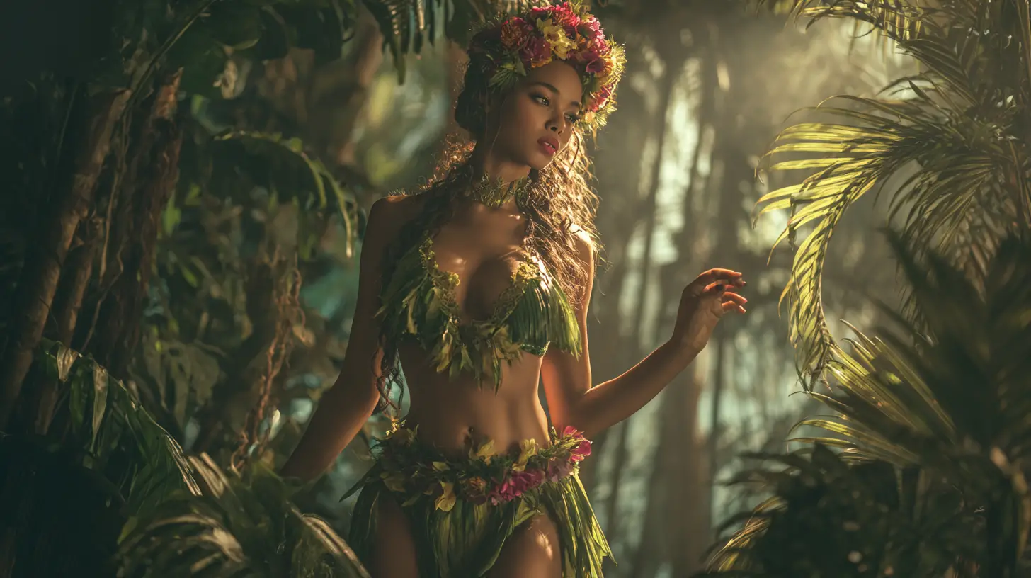Donna tropicale con tunica intrecciata di foglie tra le palme della giungla