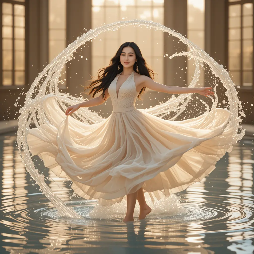 Graceful Filipina dancing in swirling water and sunlight