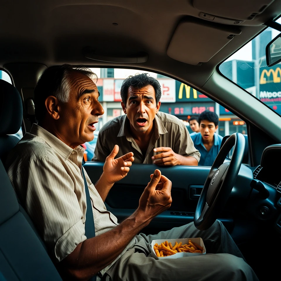 Frustrated man ordering at a busy city drive thru