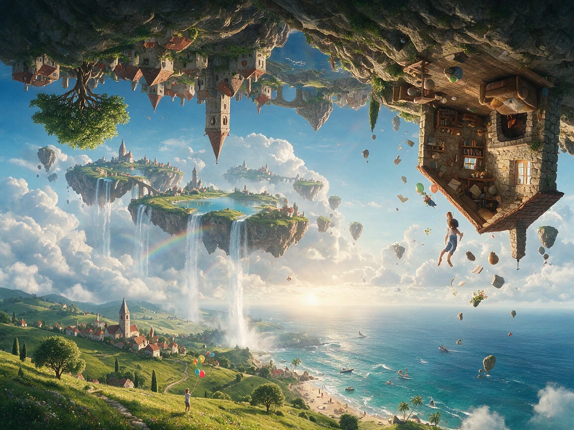 Surreal floating cityscape in a gravity defying world