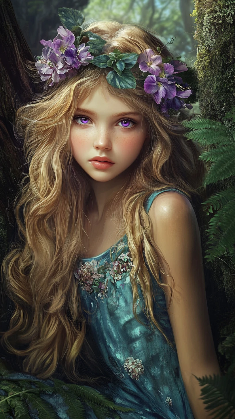 Ethereal fairy girl resting by a moss covered forest tree