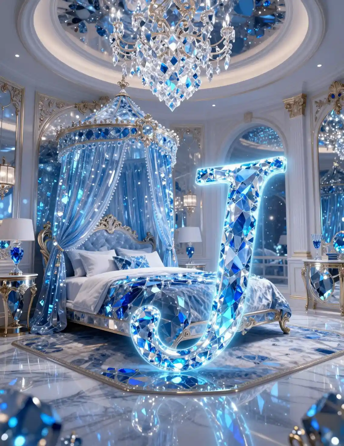 Luxurious Sapphire Bedroom With Canopy Bed And Crystal Ceiling