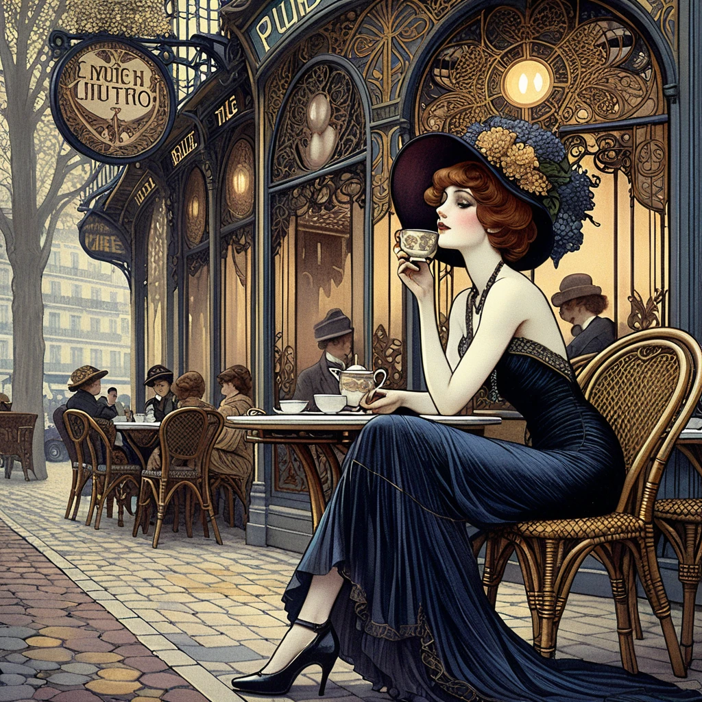 Elegant woman at Parisian cafe in Art Nouveau style