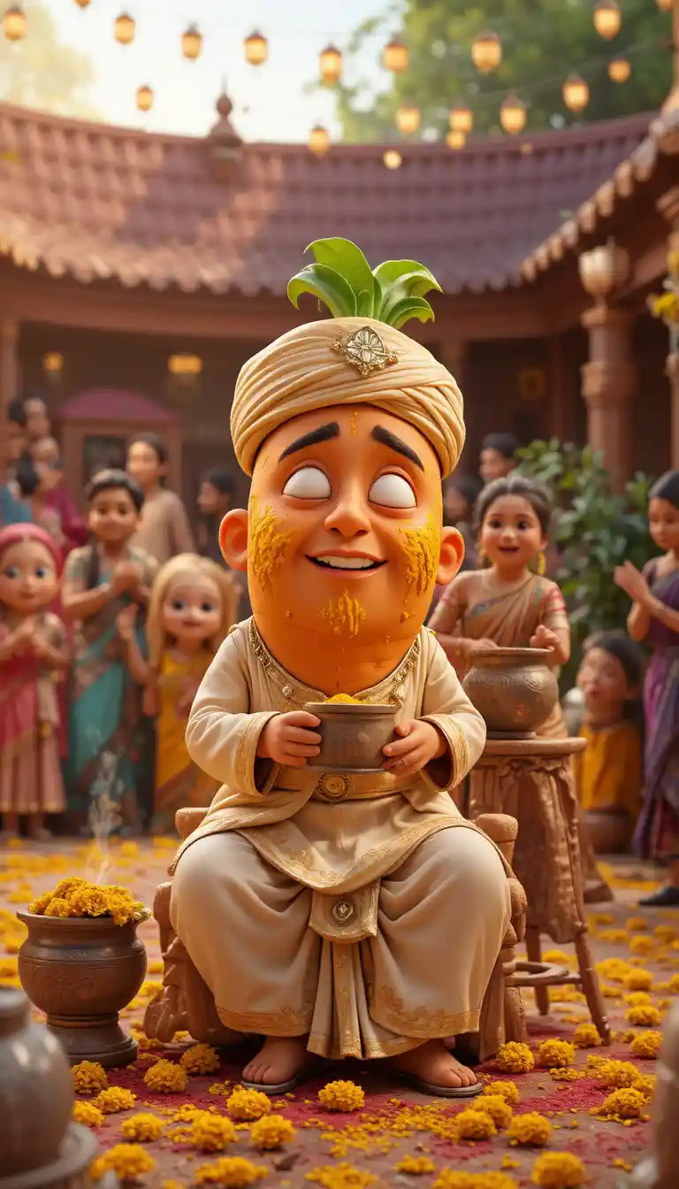Carrot groom in a joyful village haldi courtyard scene