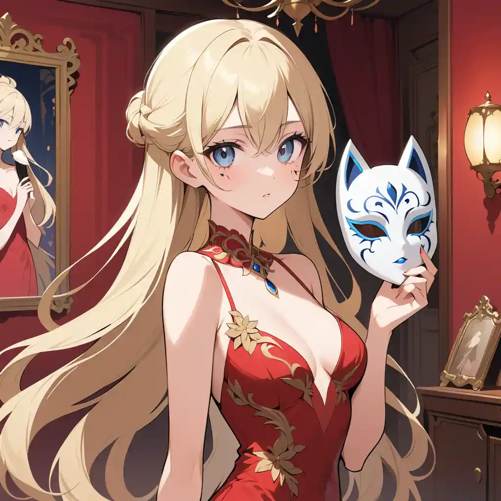 Elegant woman in red evening gown holding a mask indoors