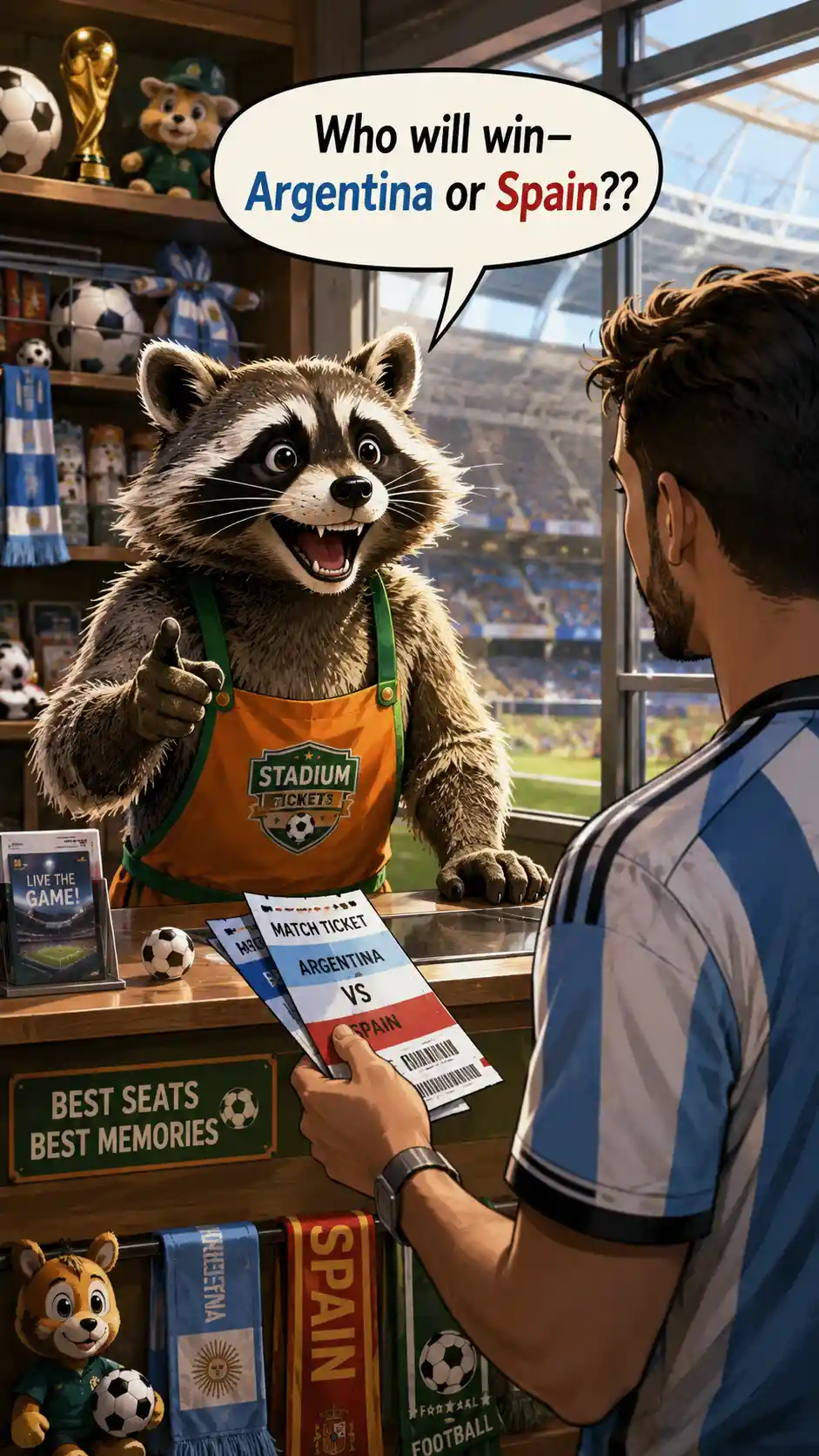 Cheerful raccoon vendor selling tickets in soccer stadium