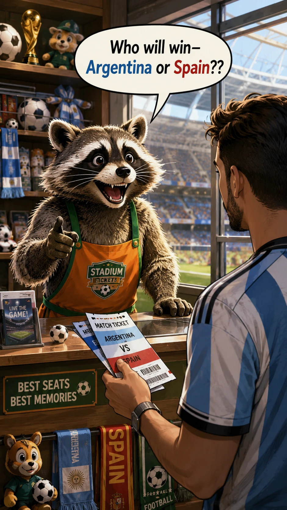 Cheerful raccoon vendor selling tickets in soccer stadium