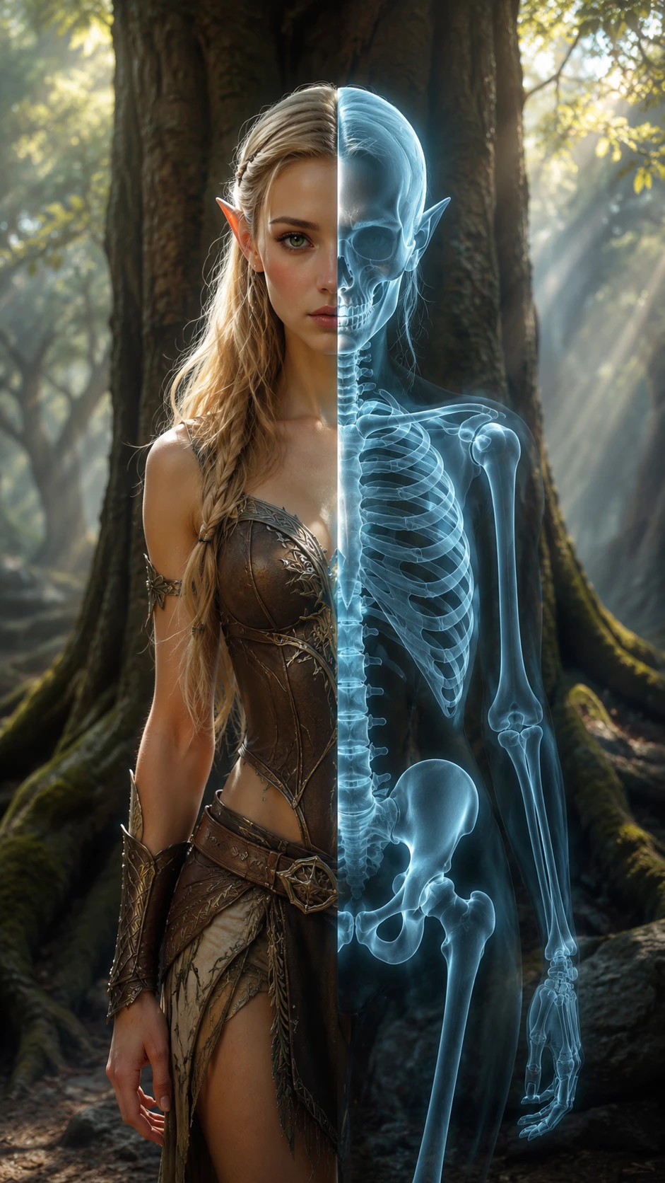 Elf woman beneath an ancient tree in misty forest
