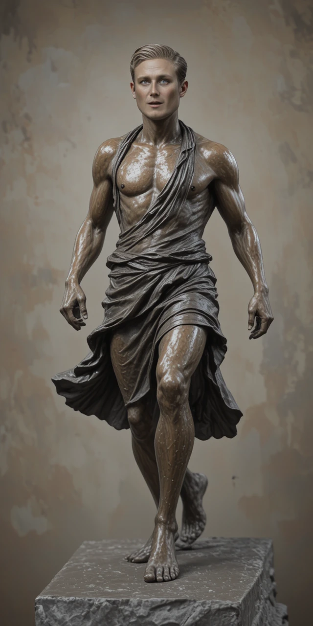 Bronze statue of athletic man striding in flowing tunic