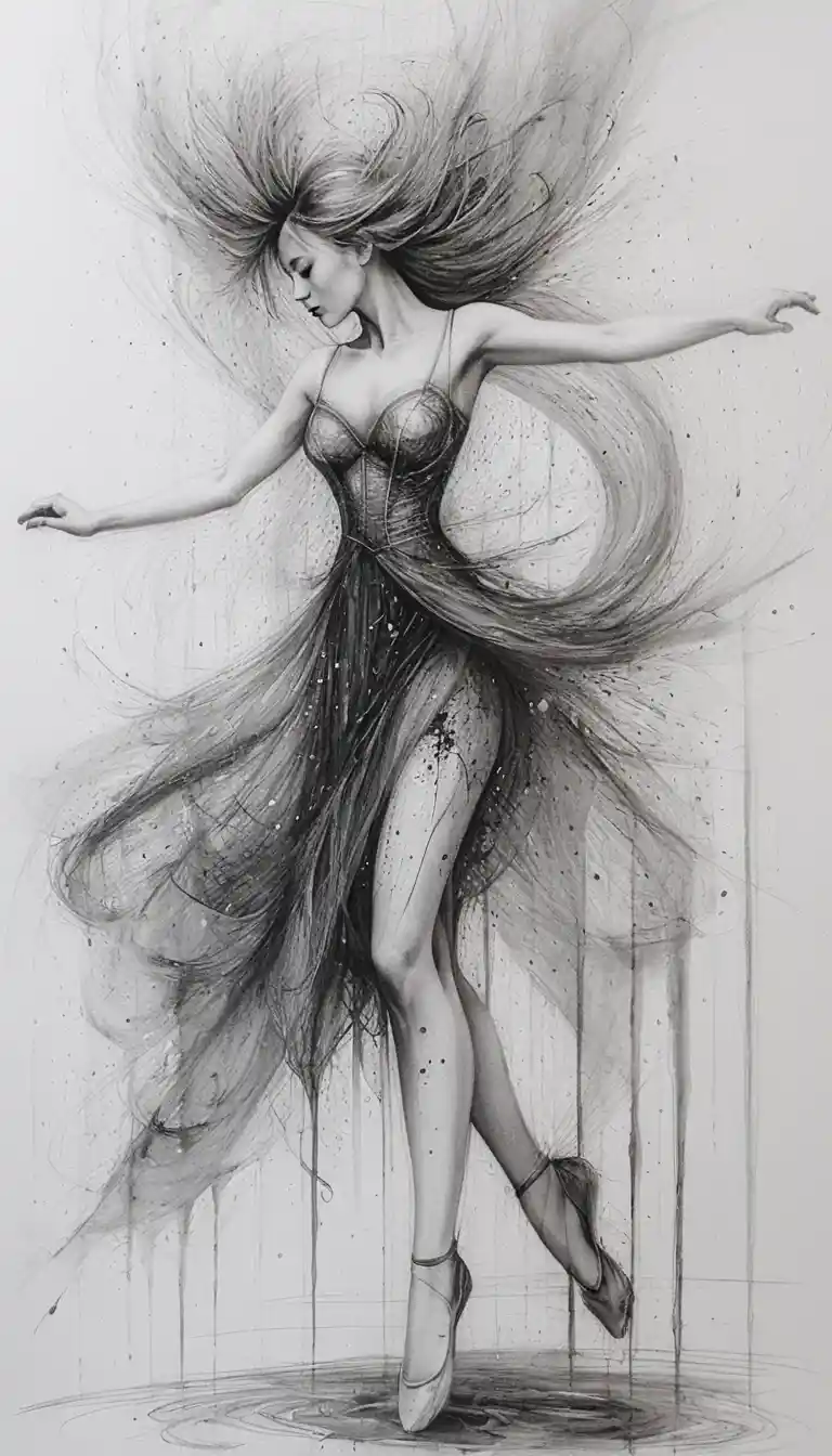 Ethereal female dancer in swirling graphite vortex