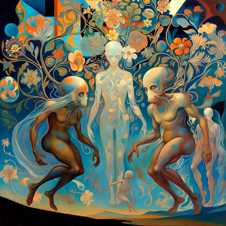 Surreal globular beings before an androgynous mystical godhead