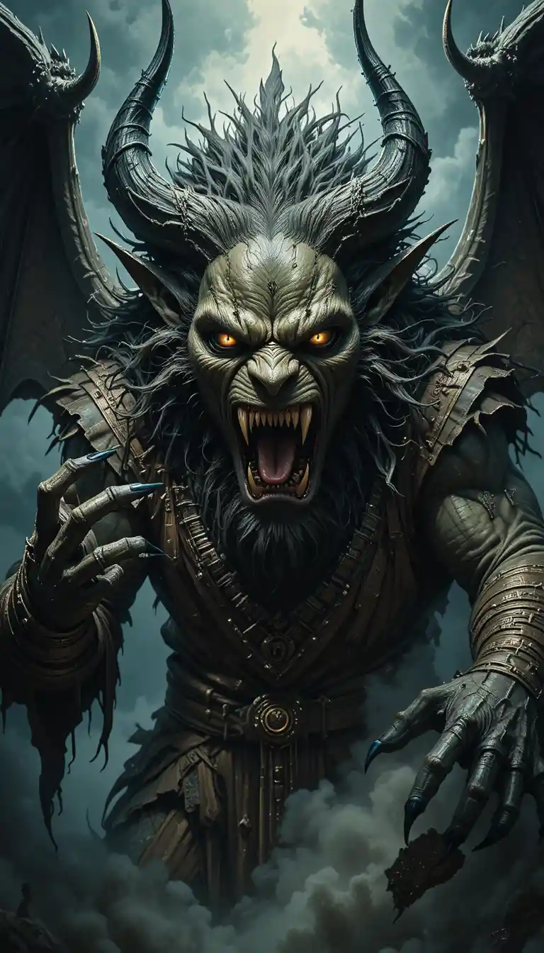 Terrifying demonic king with tattered wings in darkness
