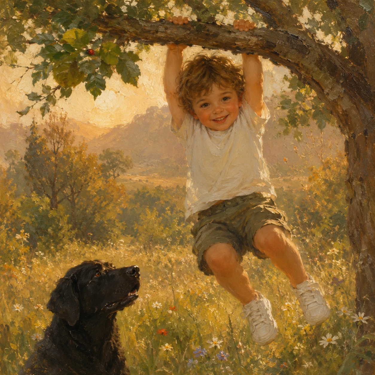Niño balanceándose en una rama de árbol con su perro