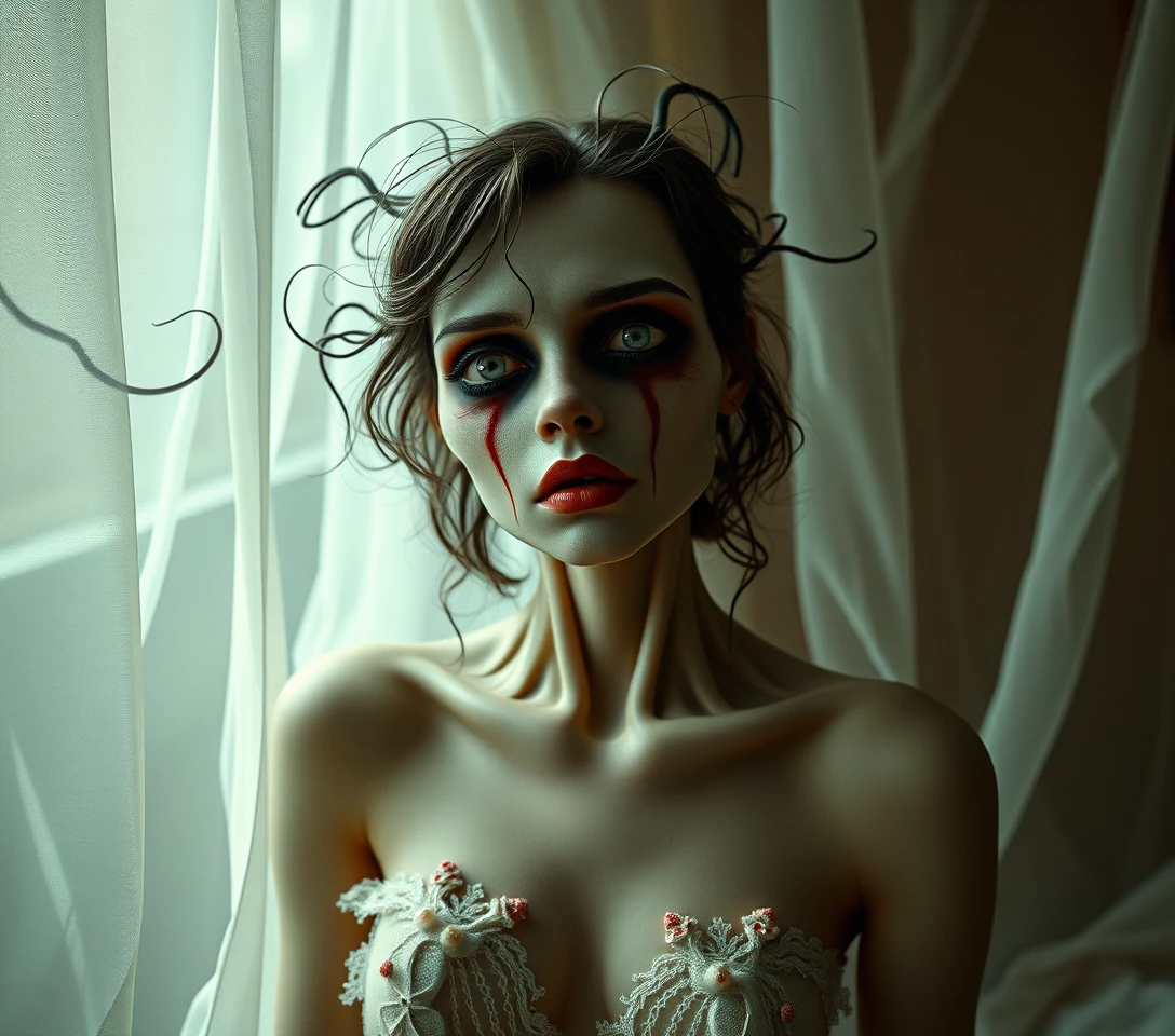 Surreal woman in a dreamlike scene of heaven and panic
