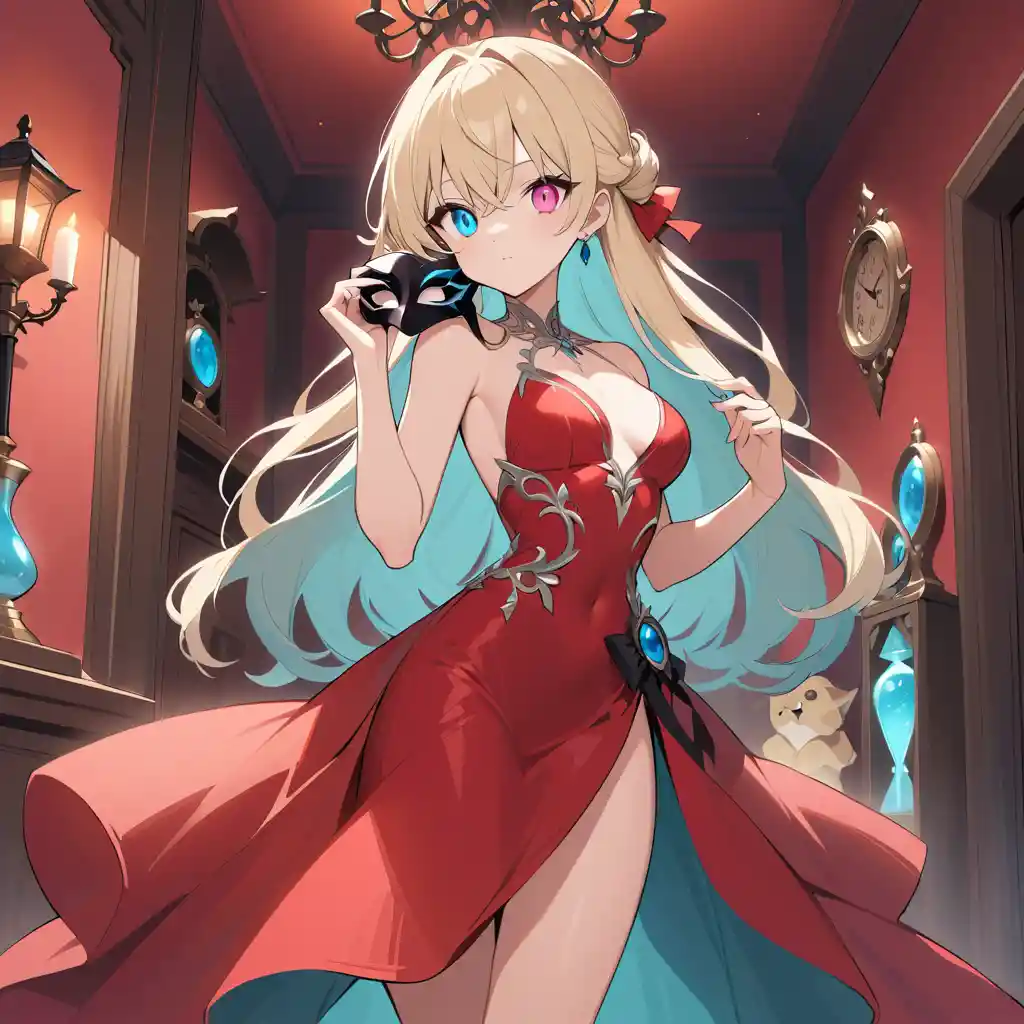 Elegant woman in red evening gown holding a mask indoors