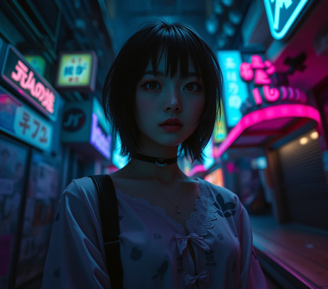 Mysterious woman in surreal neon lit urban street