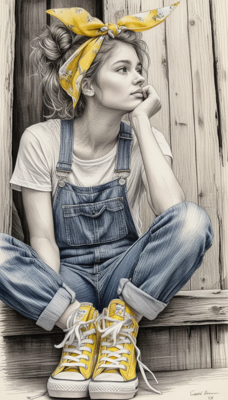 Pensive girl in ink drawing sitting in rustic doorway