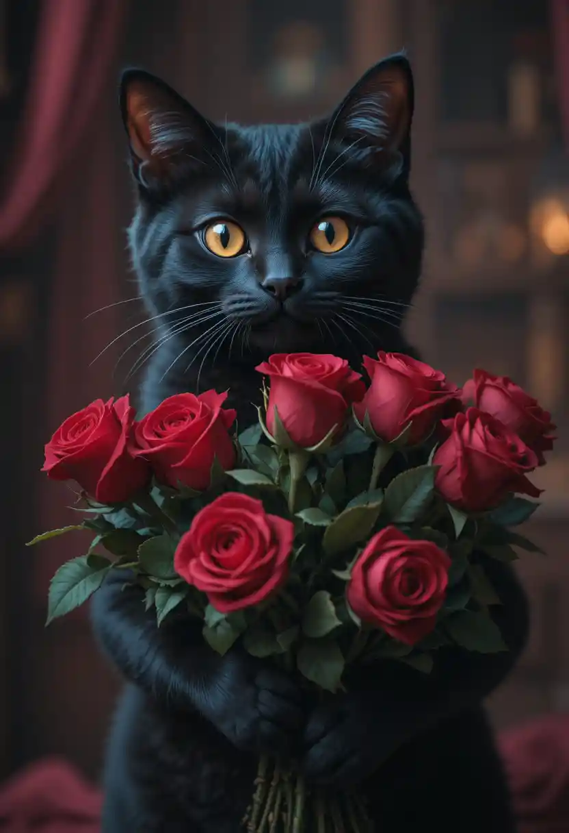 Black cat holding red roses in soft cinematic light