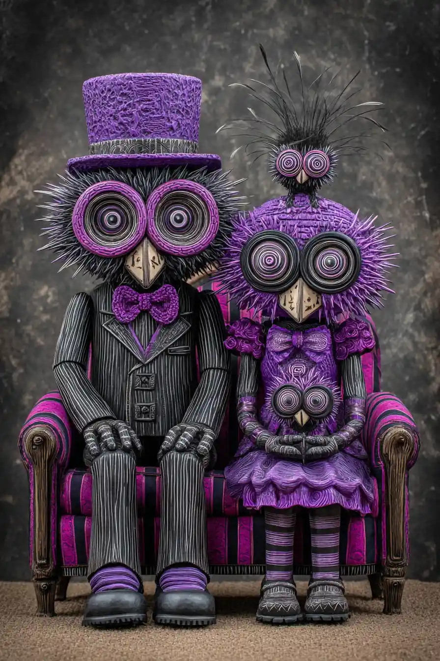 Surreal birdlike figures in striped suits on ornate sofa