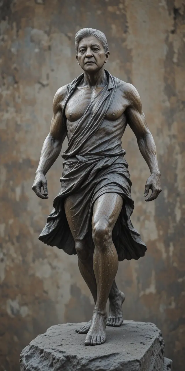 Bronze runner sculpture of a focused man in flowing tunic