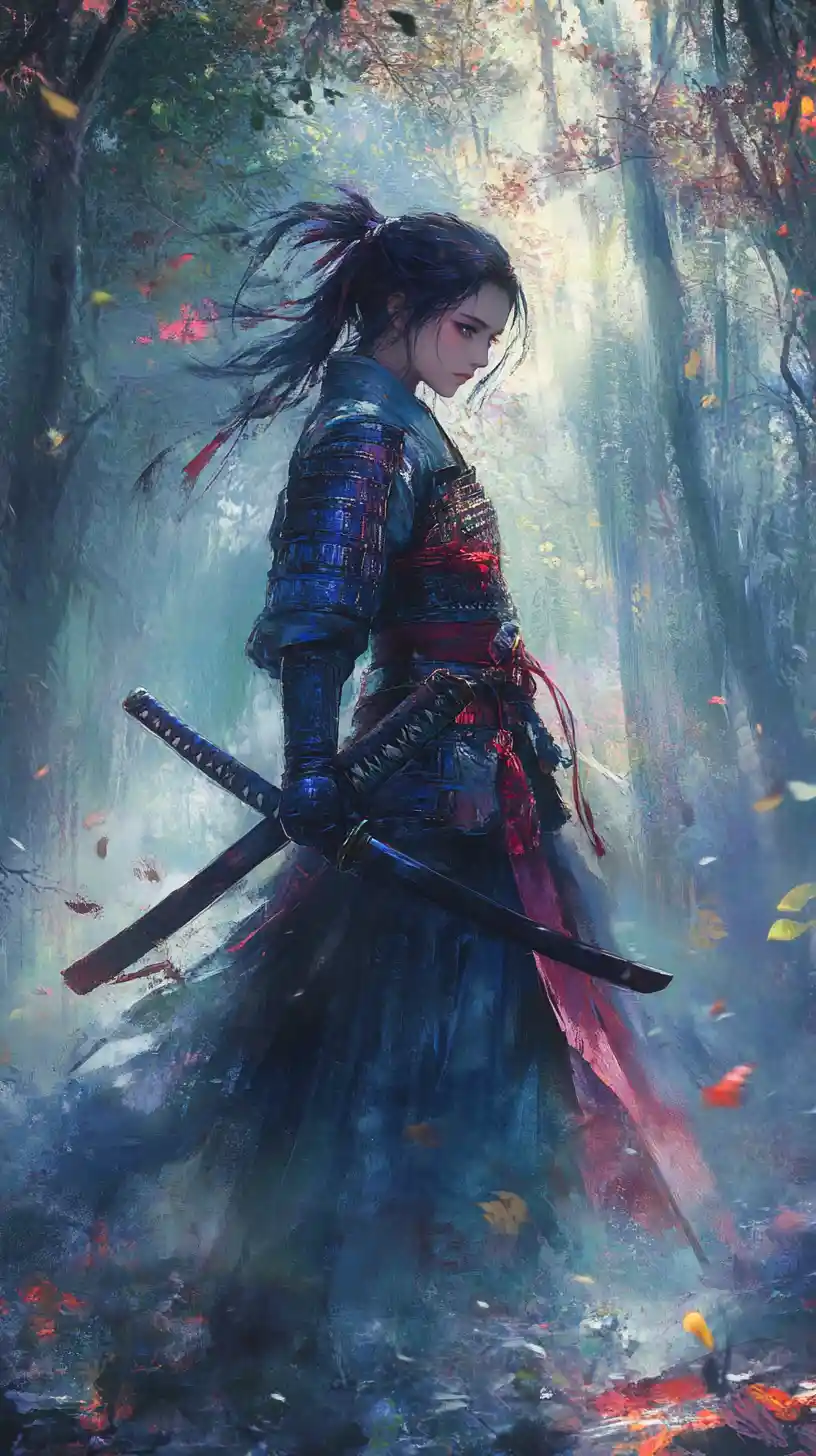 Samurai girl in blue armor beneath a glowing forest jewel