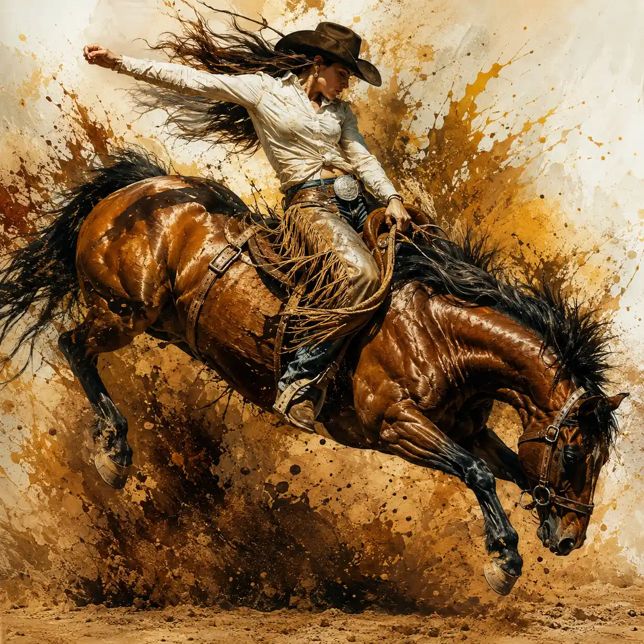 Cowgirl riding a bucking bronco in a dramatic arena scene