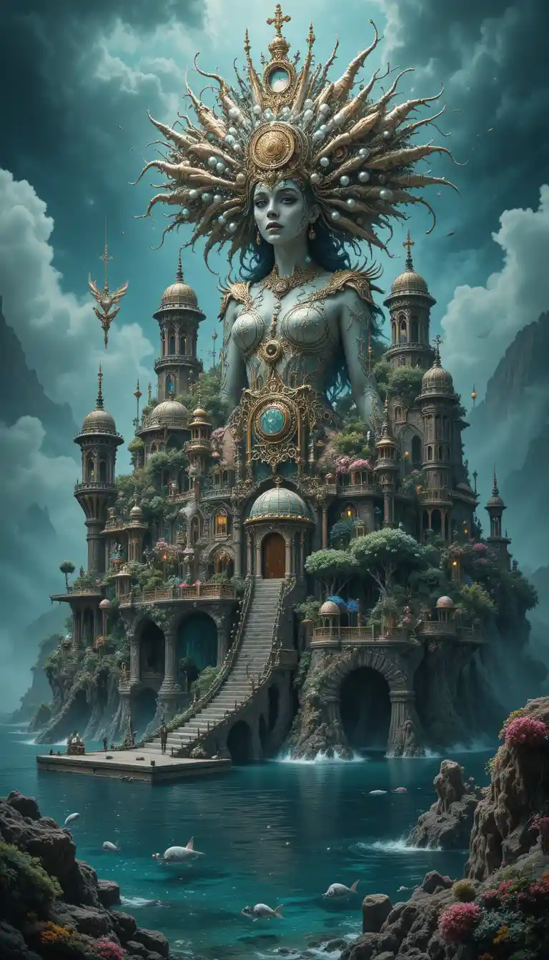 Siren queen ruling an enchanted steampunk coral island