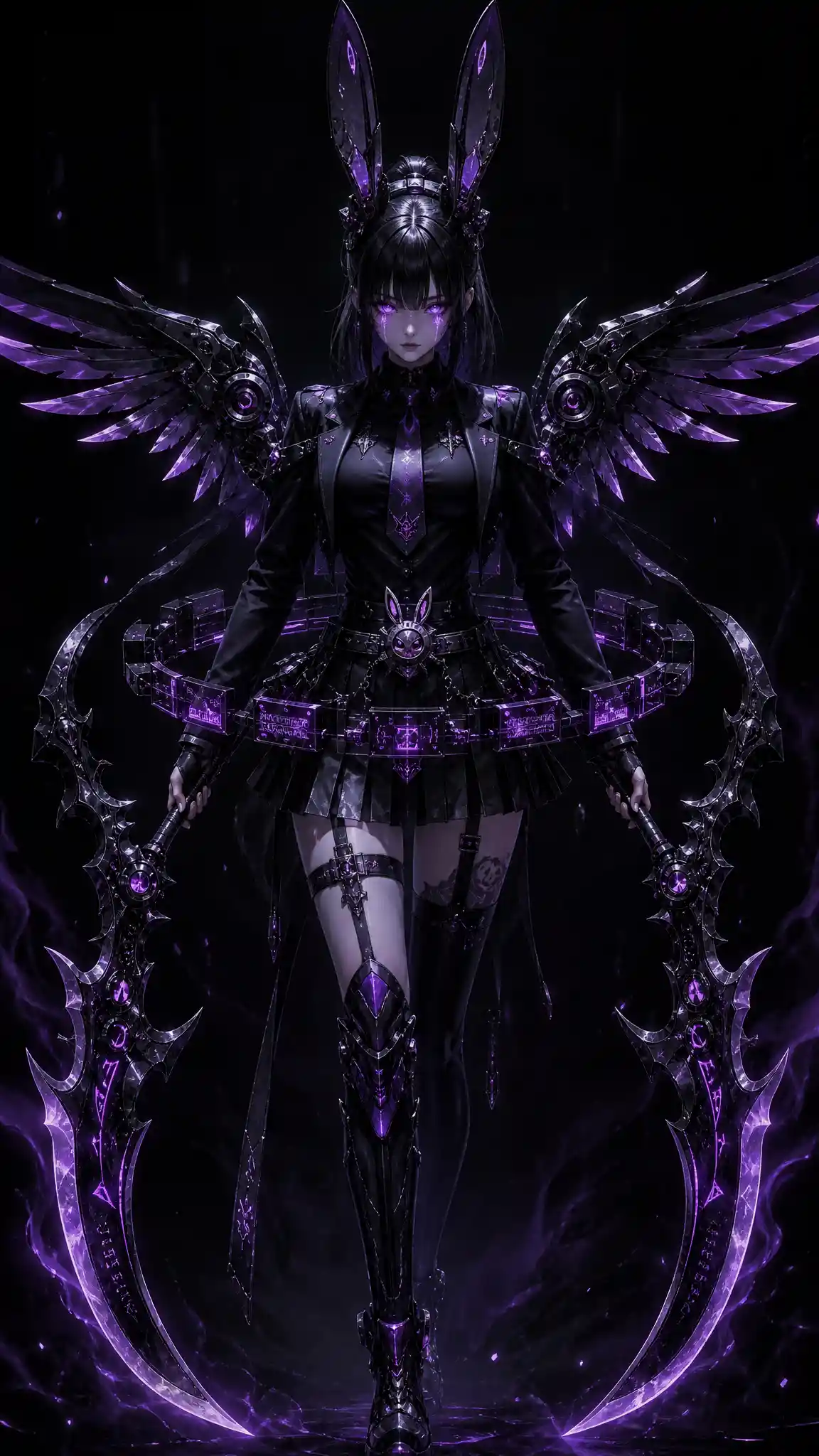 Young woman in darkness with twin ritual scythes