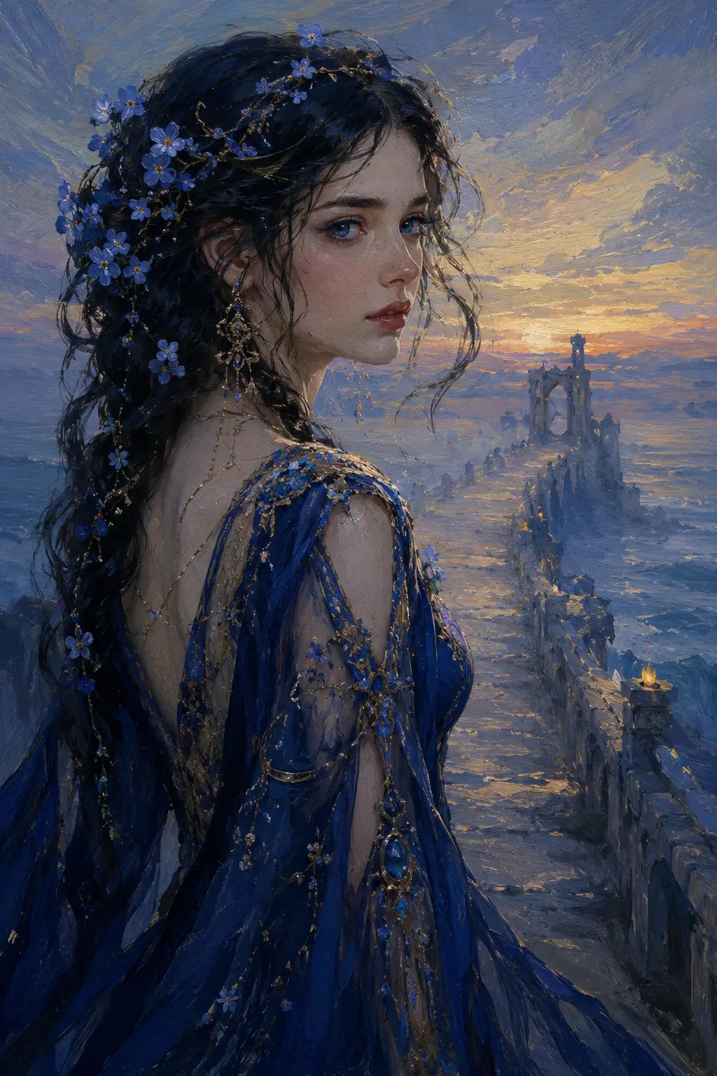Ethereal Woman On Misty Bridge Above A Shrouded Ocean
