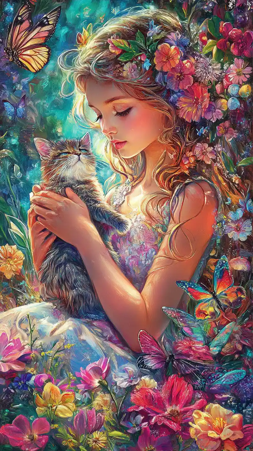 Girl Holding A Rabbit In A Whimsical Fairy Tale Garden