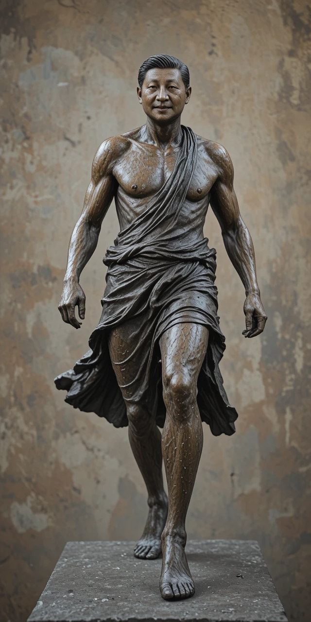 Bronze sculpture of a running man in flowing tunic