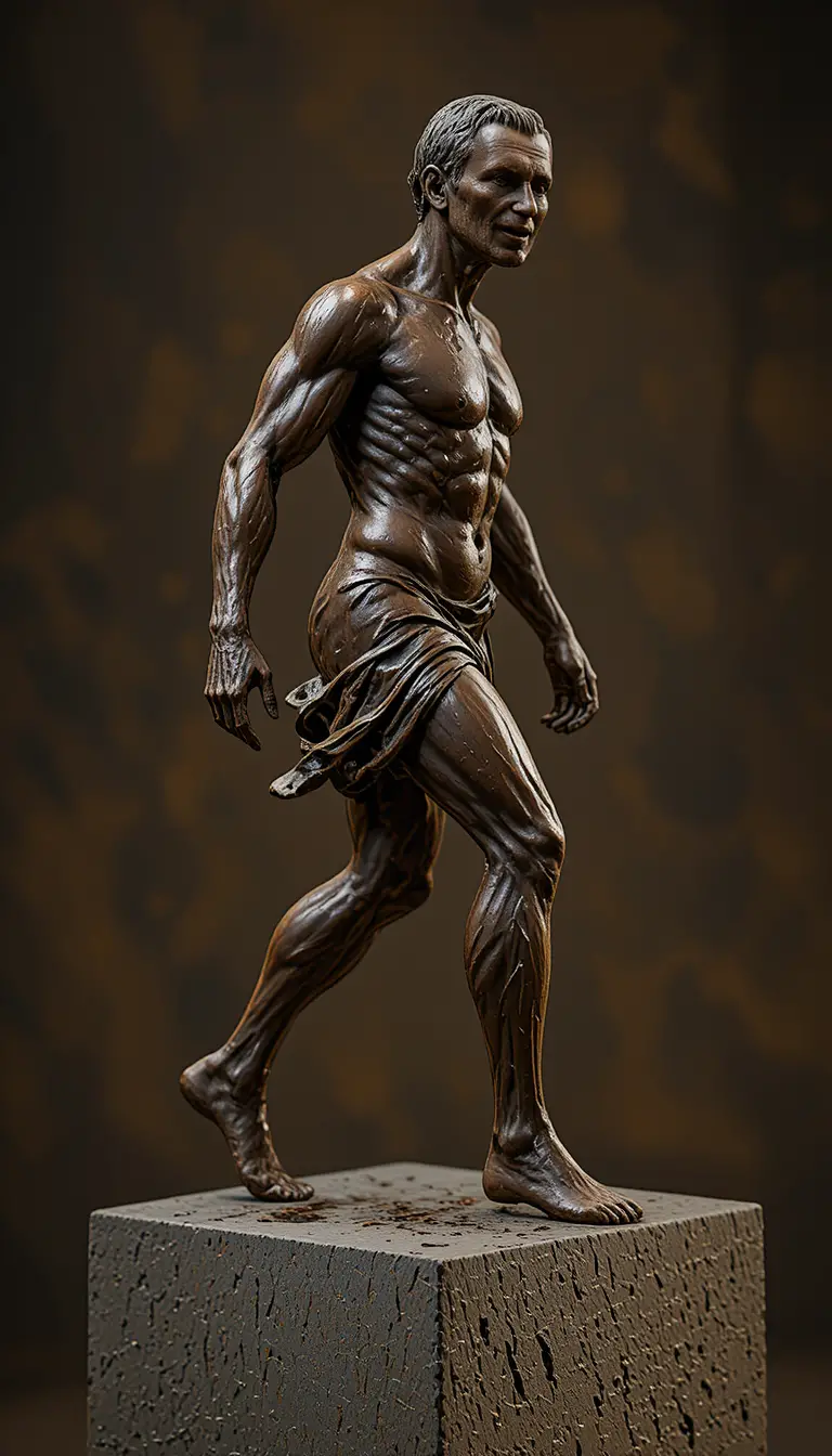 Bronze sculpture of a determined man striding forward in profile