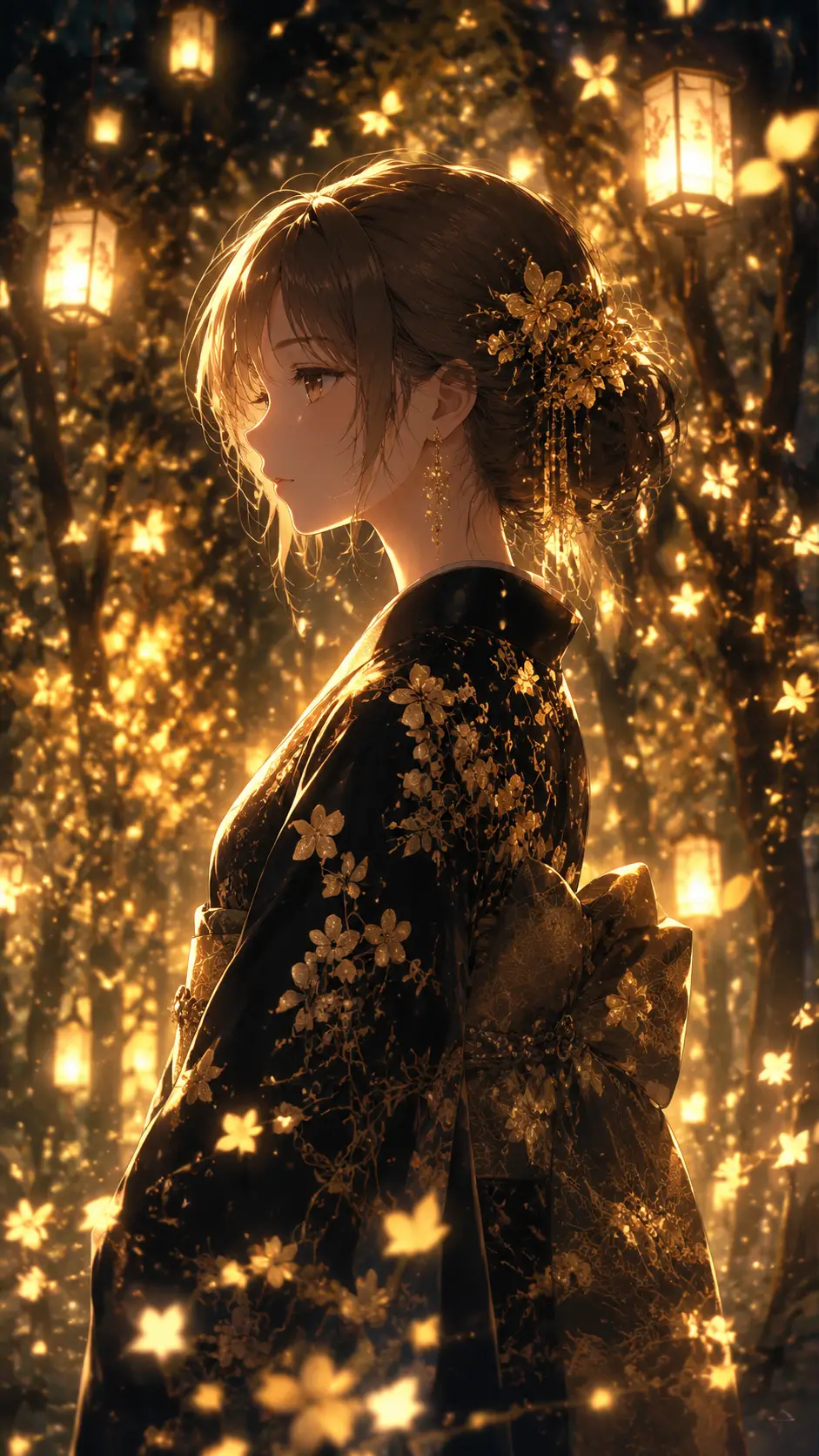 Anime woman in black kimono in glowing fantasy forest