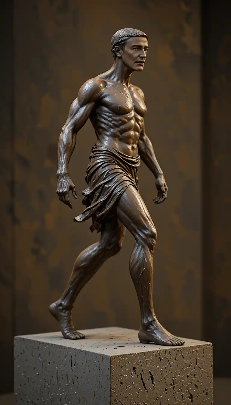 Bronze sculpture of a determined man striding forward in profile