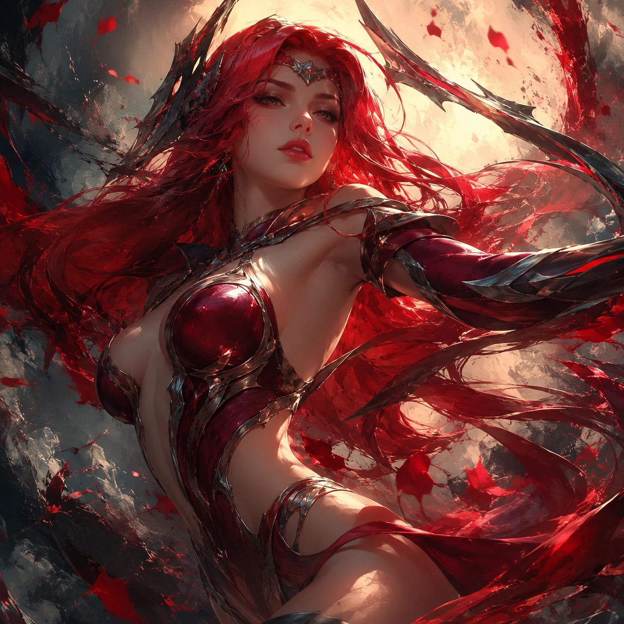 Guerriera danzatrice di lame dai capelli rossi nella luce fantasy radiante