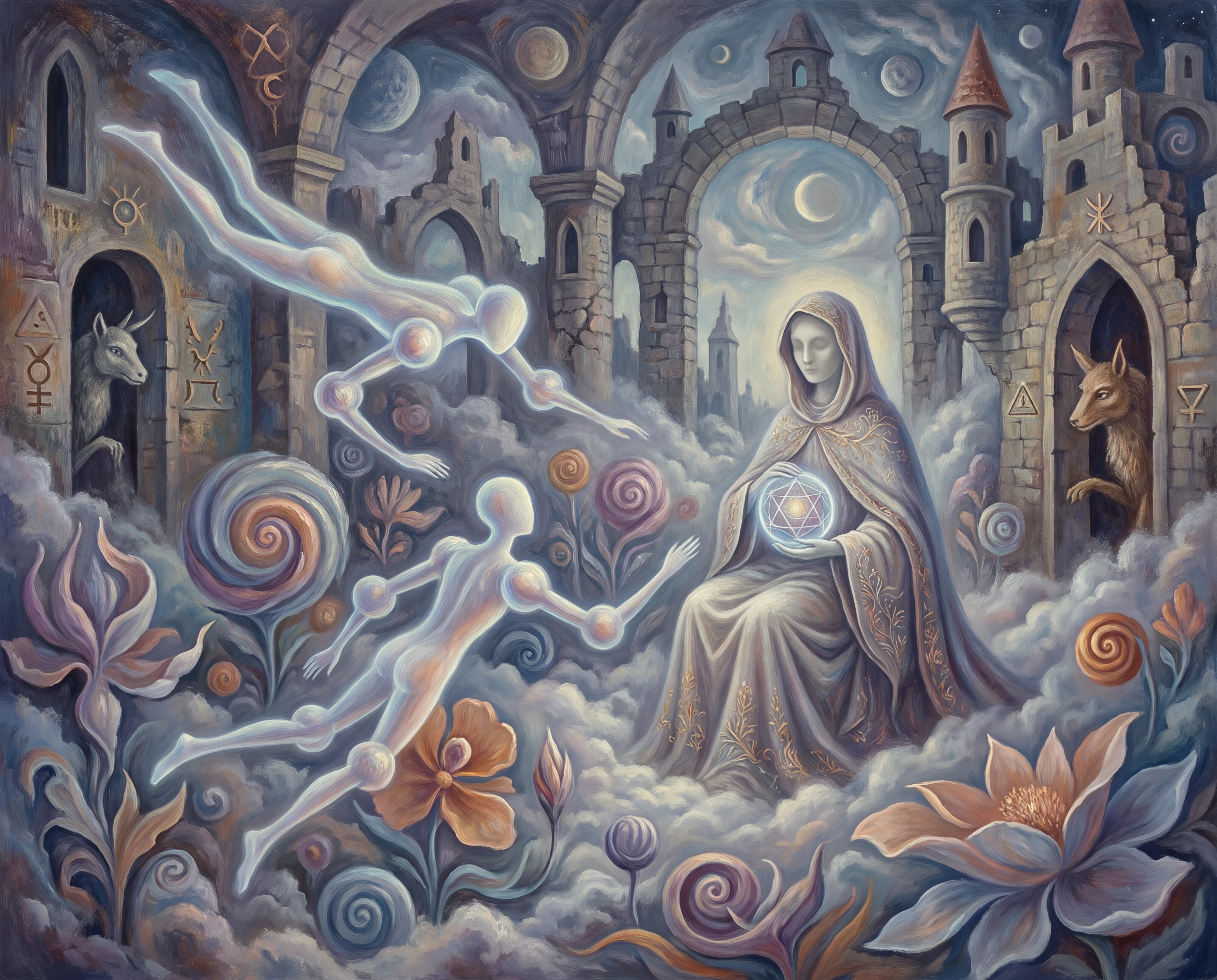 Surreal beings converge before a mystical central godlike figure