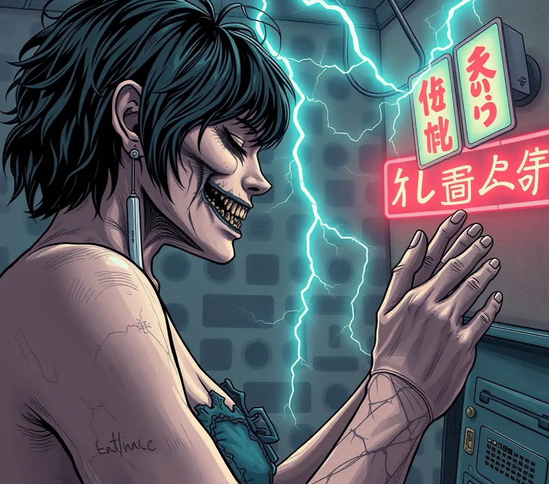 Surreal woman in an electric connection popsurrealist scene