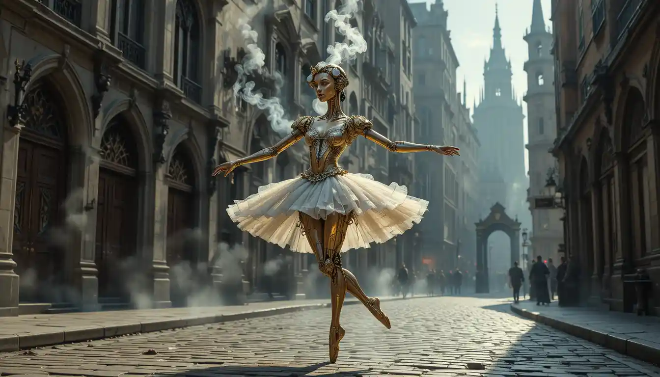 Automa ballerina a carica che danza in una strada vittoriana