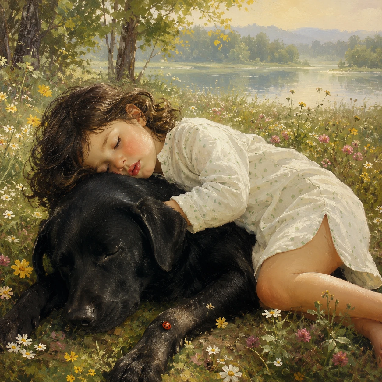 Sleeping girl resting on black labrador in summer field