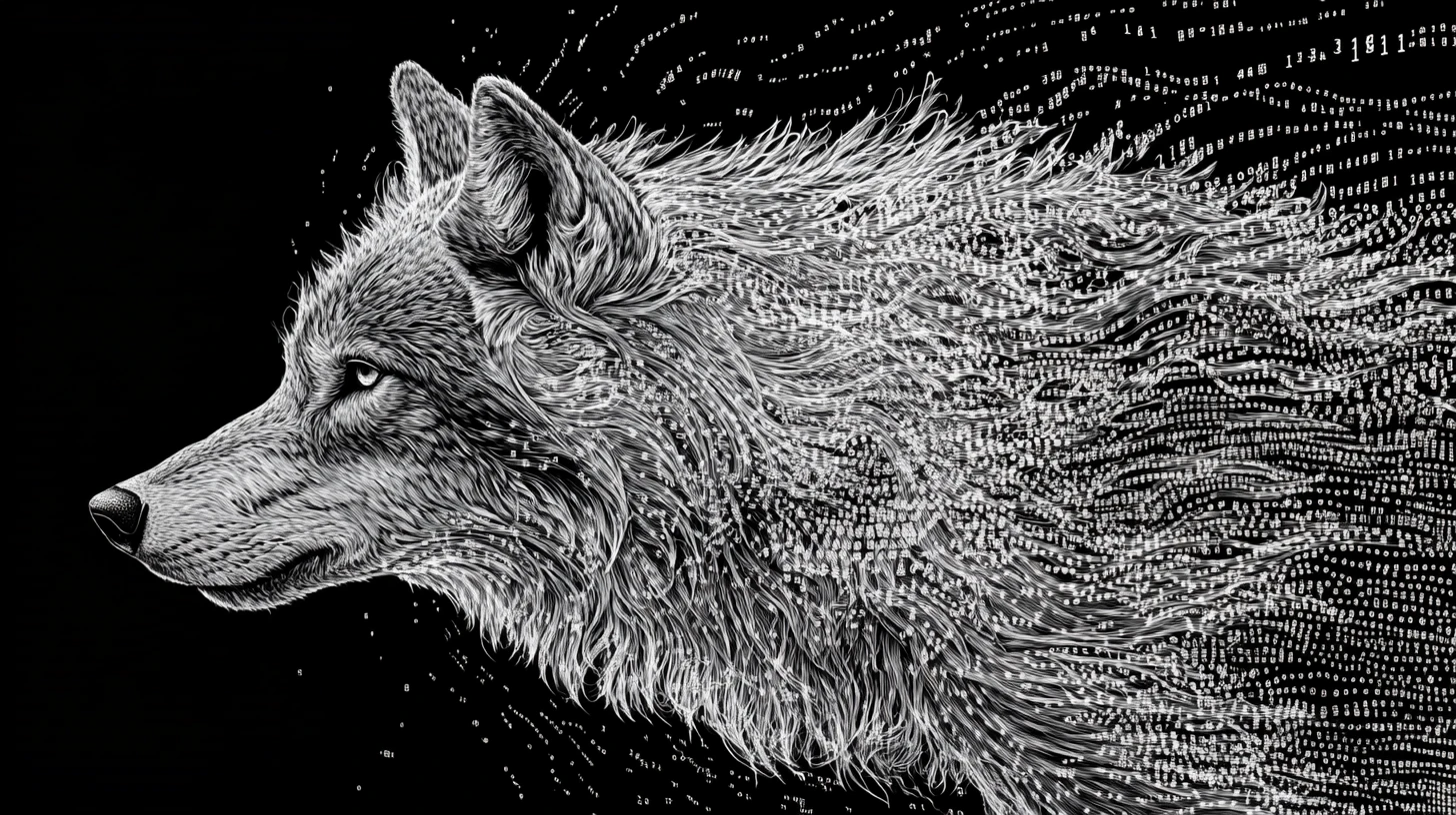 Wolf Emerging From Endless Field Of Abstract Data Charts