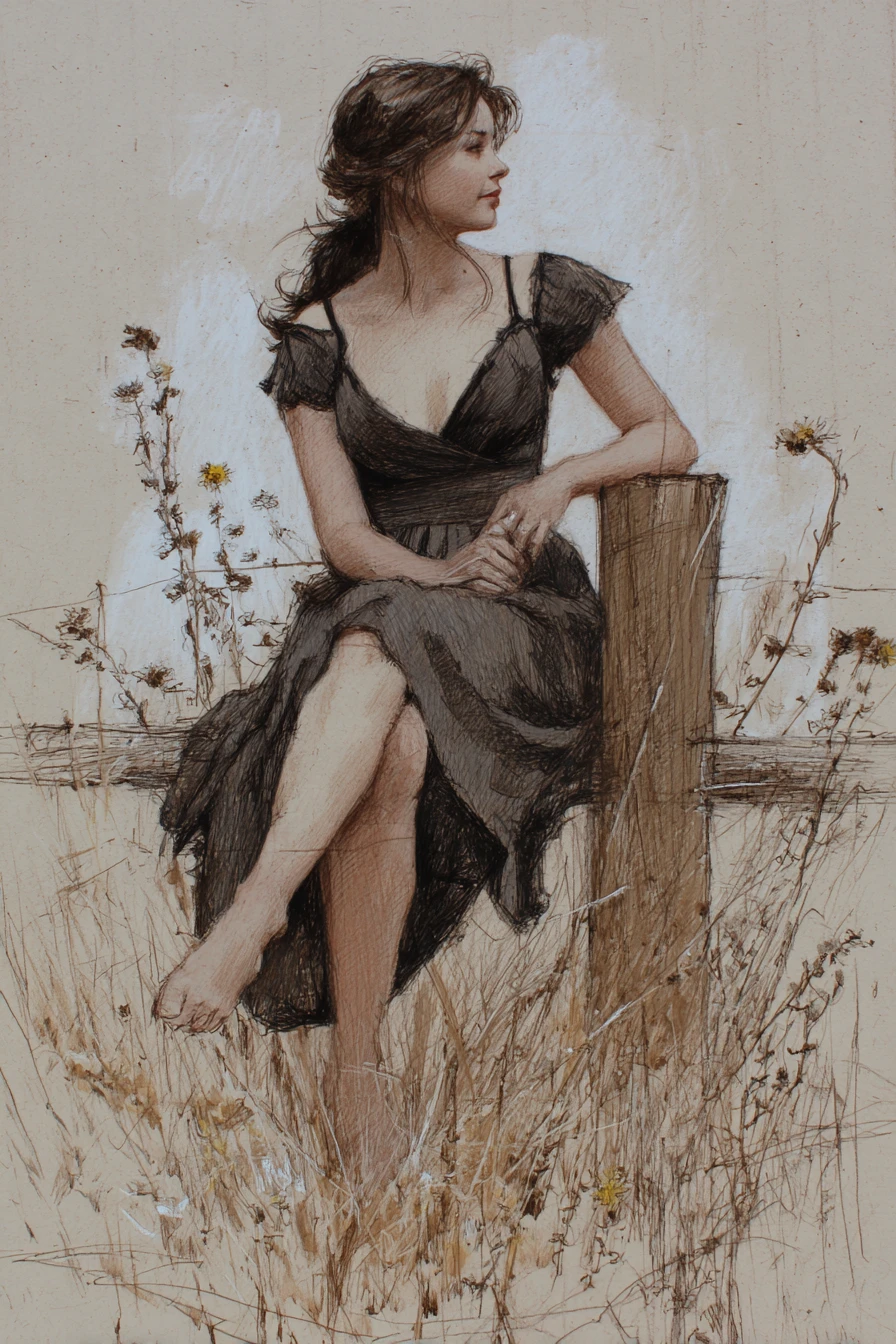 Woman with long curly hair seated on a wooden beam