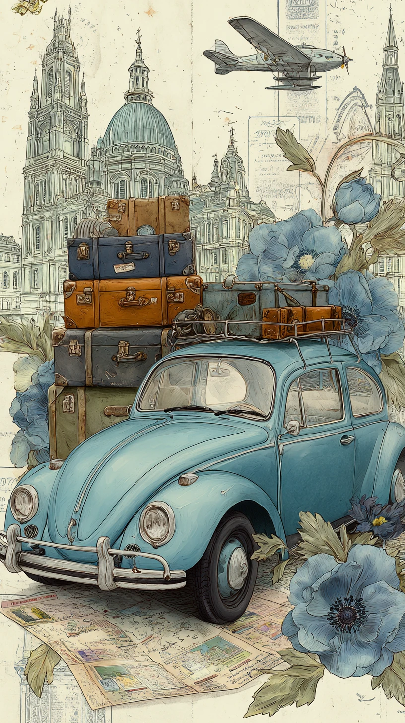 Vintage blue beetle car with luggage and floral travel details