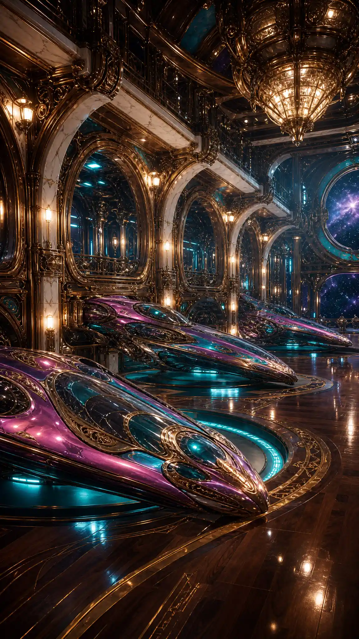 Luxurious private docking bay with jewel toned spacecraft