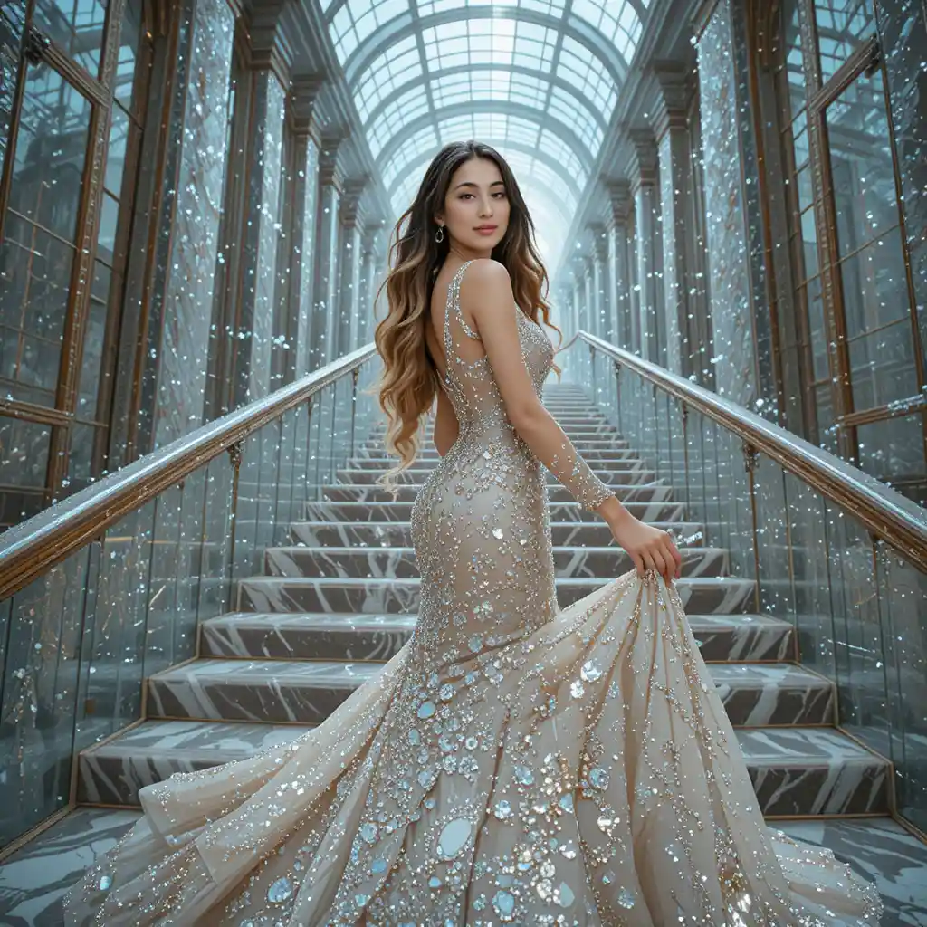 Elegant woman on crystal staircase in luxury palace