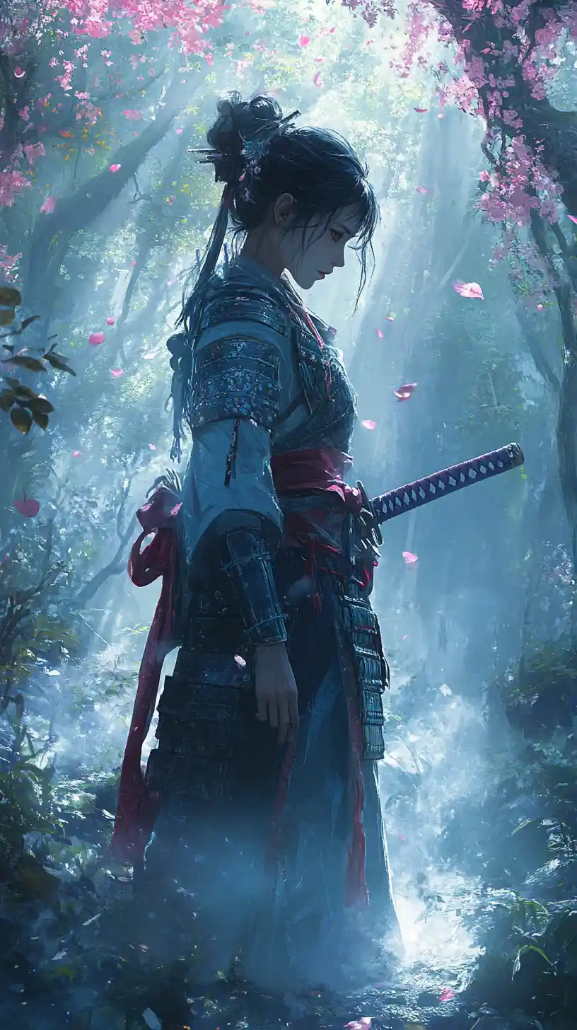 Samurai girl in blue armor in a misty enchanted forest