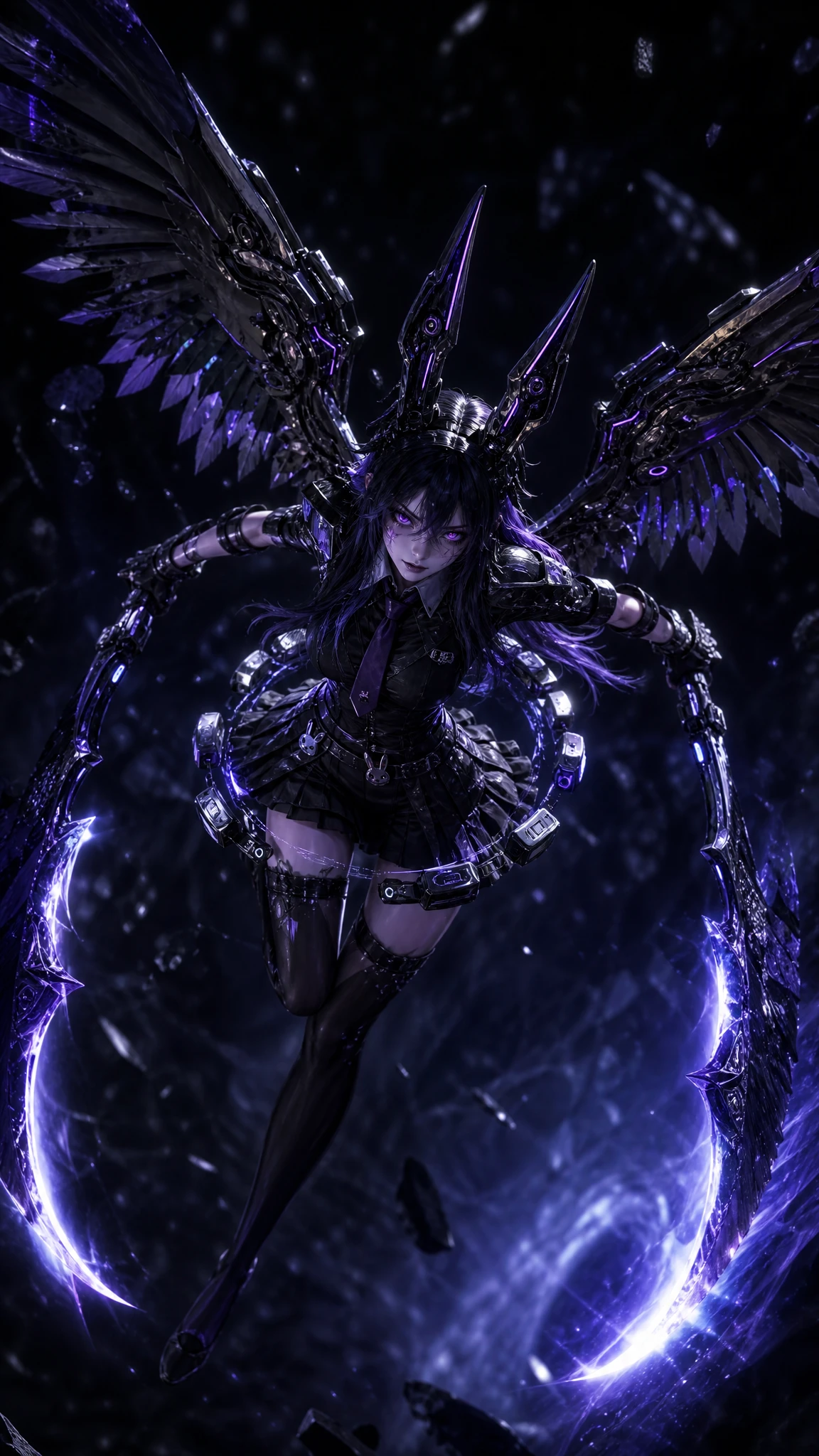 Cyberpunk girl falling through darkness in dynamic high angle shot