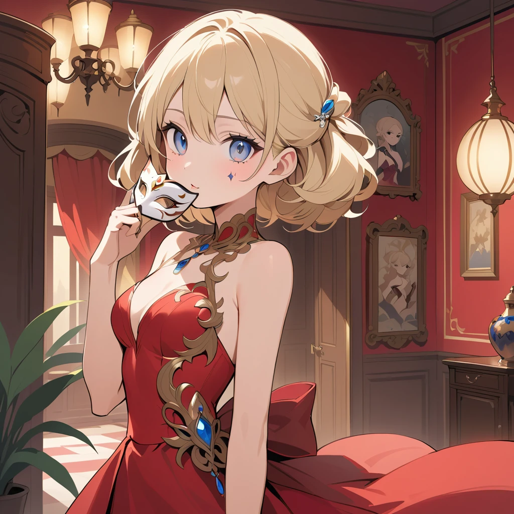 Elegant woman in red evening gown holding a mask
